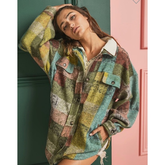 LAST ONE! Lime Fleece Checked Shirt Jacket - Picture 4 of 8